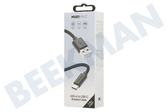 Musthavz MHBRCABUSBAB Musthavz USB-A to USB-C Braided Cable 1.0 meter 3A,zwart