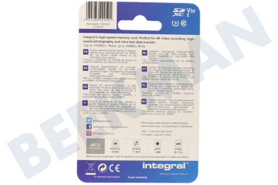 Integral INSDX64G-100V30 High Speed SD Kaart 64GB 100 MB/S SDHC/XC V30 UHS-I U3