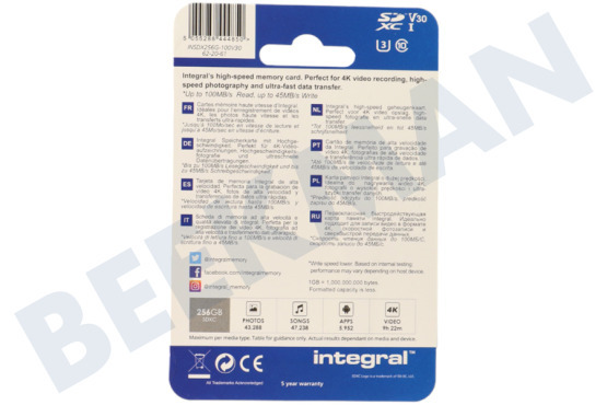 Integral INSDX256G-100V30 High Speed SD Kaart 256GB 100 MB/S SDHC/XC V30 UHS-I U3