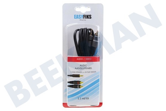 Easyfiks Jack 3.5mm Stereo Male - 2x Tulp RCA Male, 2.5 Meter