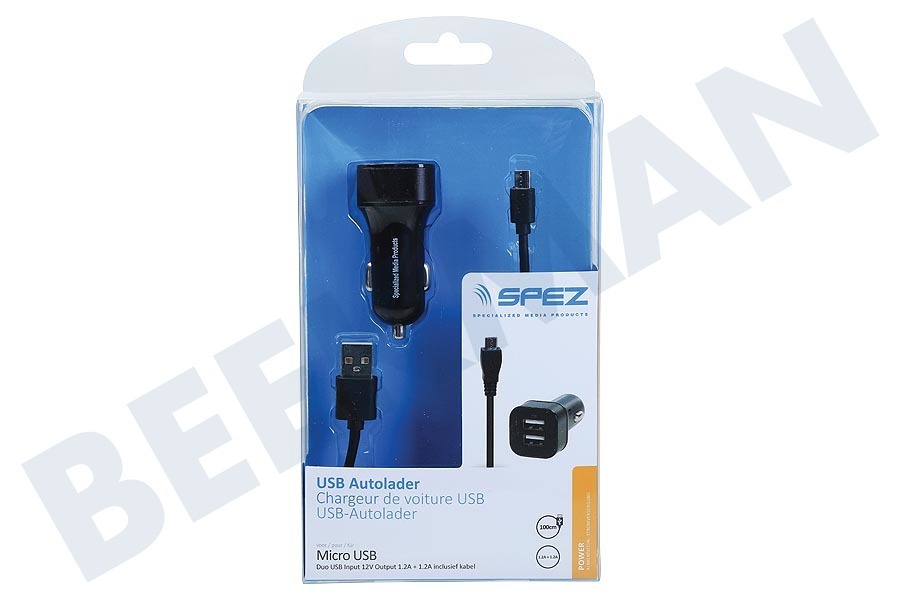 Lenco Autolader Micro USB, Output 5V / 2.4A, 100cm