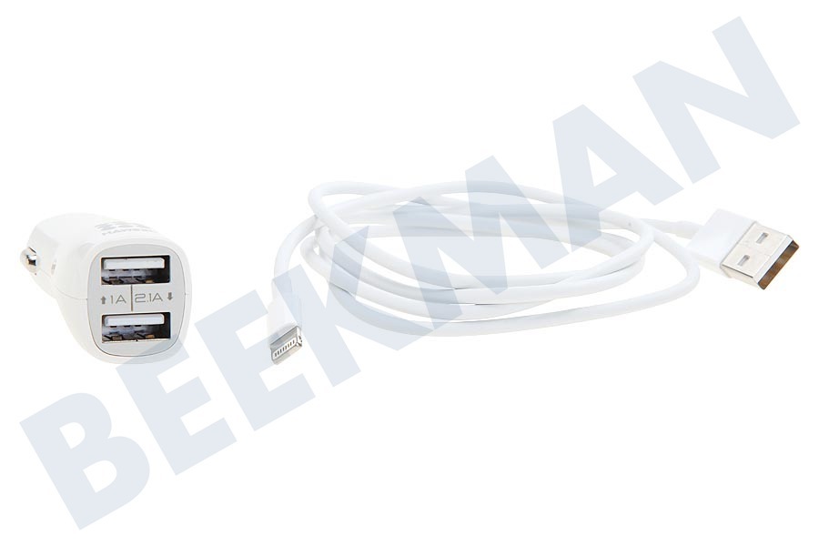 Spez Autolader Dual Poort Lightning 12V. Wit, 100cm