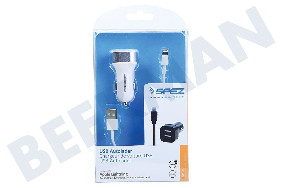 Spez Autolader Dual Poort Lightning 12V. Wit, 100cm