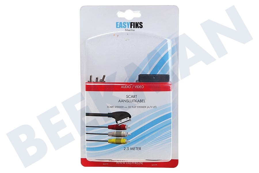 Easyfiks Scart Kabel 21p Male -> 3x Tulp RCA Male, 2.5 Meter