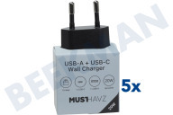 Musthavz  MHTG2U20WBLK Musthavz to Go 2 Port USB-A en USB-C oplader 20W, zwart geschikt voor o.a. USB-A en USB-C, Universeel gebruik