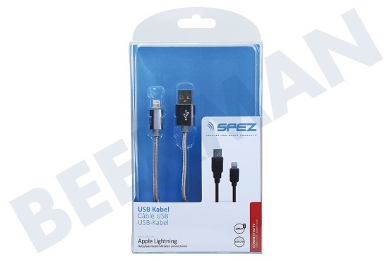Spez  USB Kabel Apple Lightning, Metal, Grijs, 100cm