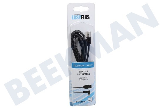Easyfiks  8-pin USB laad en data kabel 200 cm 90 graden zwrt/grijs