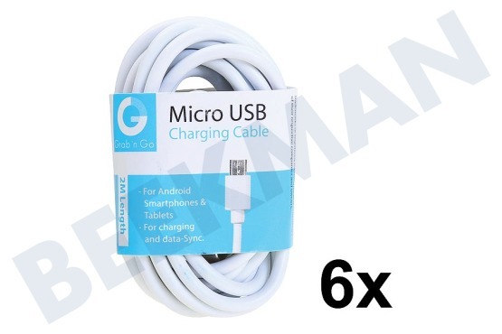 Grab 'n Go  USB Kabel Micro USB, Zwart of Wit, 200cm