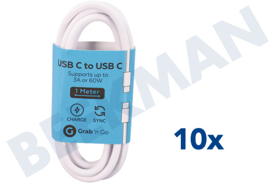 Grab 'n Go  USB Kabel USB Type C kabel naar USB Type C, Wit, 1 mtr