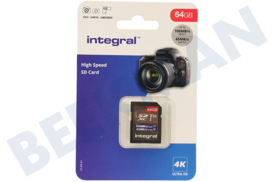 Integral  INSDX64G-100V30 High Speed SD Kaart 64GB 100 MB/S SDHC/XC V30 UHS-I U3