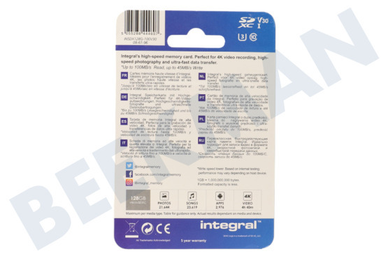 Integral  INSDX128G-100V30 High Speed SD Kaart 128GB 100 MB/S SDHC/XC V30 UHS-I U3