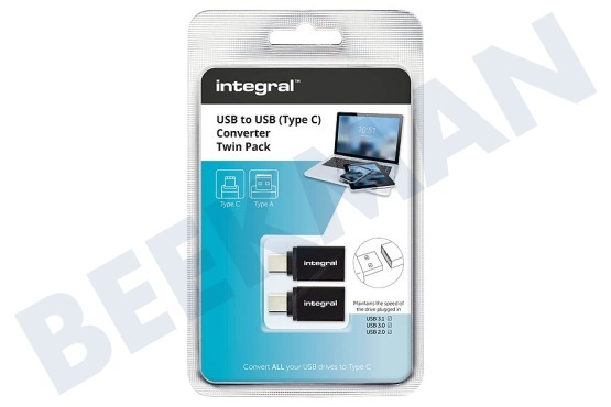 Integral  INADUSB3.0ATOCTW USB Type A Naar USB Type C Converter, 2 stuks