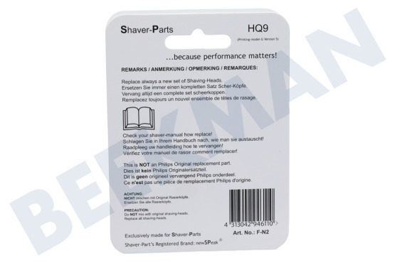 NewSPeak  Scheerkop Shaver HQ9 met drievoudige scheerring